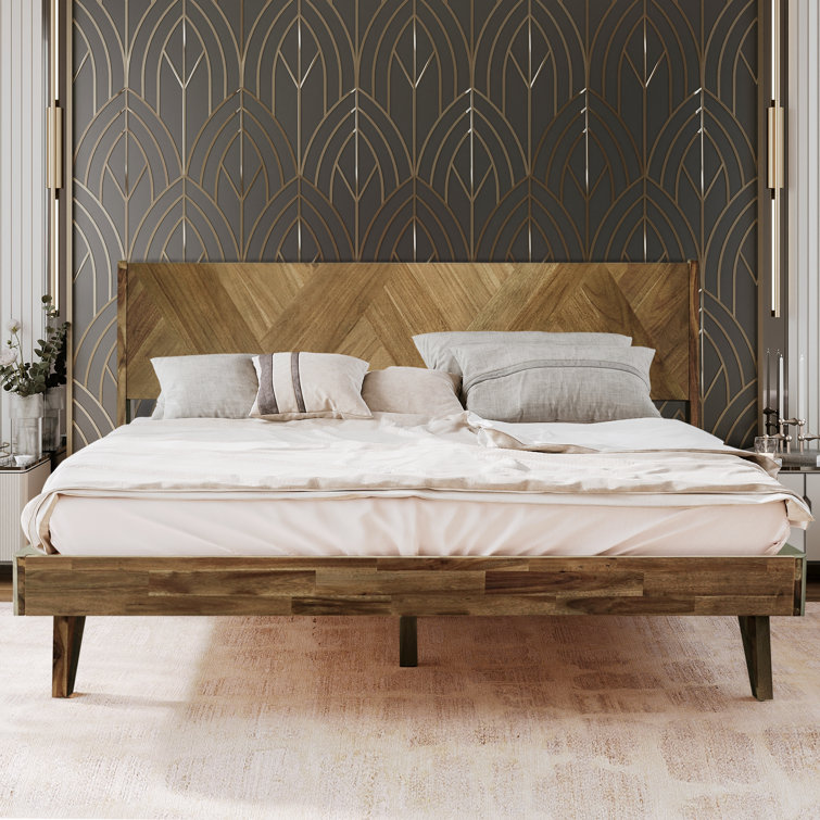 RORNS Gazelle Solid Wood Platform Bed Frame with Headboard King Walnut Size King Walnut Beige